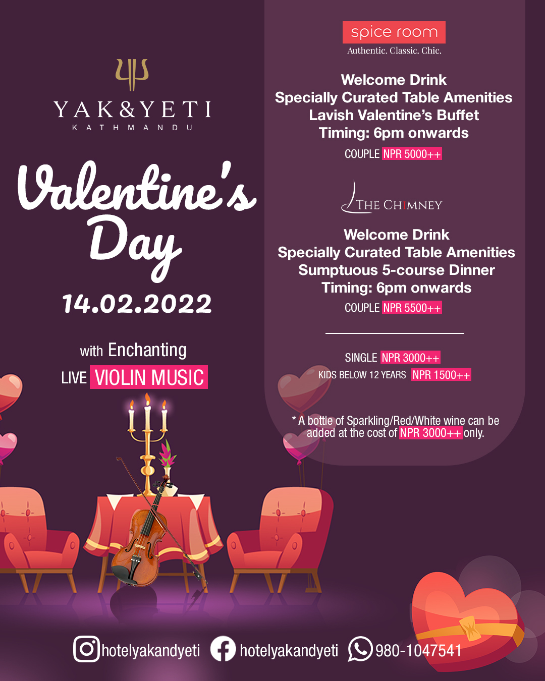 VALENTINE’S DAY CELEBRATION AT HOTEL YAK & YETI